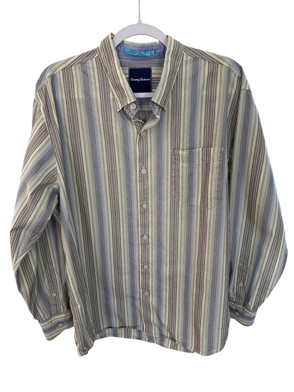 Tommy Bahama Men's Long Sleeve Blue Green Tan Striped Button Down Shirt Size XL